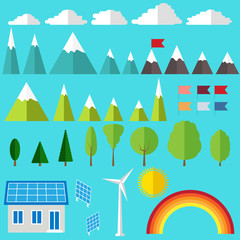 Set of icons for building a landscape. Different objects of mountain and trees, house and others.