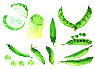 Healthy food. Green onions, green peas, slices of cucumber