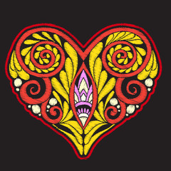 Embroidery with patterned love heart on black backgroundStock vector illustration.