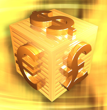 urrency symbols set on a golden box surface with background - 3d illustration