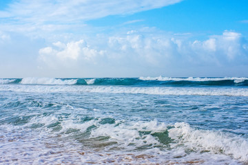 Fototapeta premium Storm wave in sun day on the ocean.