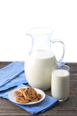 Pitcher and glass with some milk and cookies