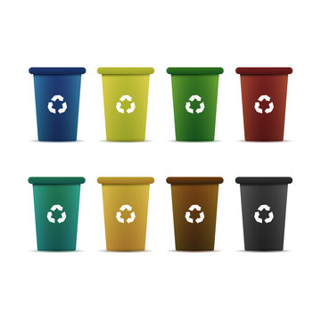 Vector isolated set of colorful containers for recycling trash on the white background. Concept of environment and pollution.