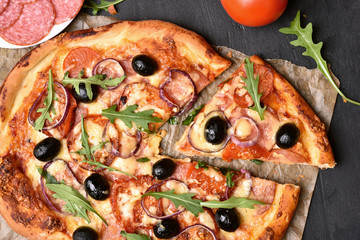 Sliced pizza, top view