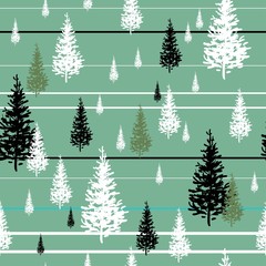 Fir trees white, black and green isolated on pale green background with stripes, seamless vector pattern