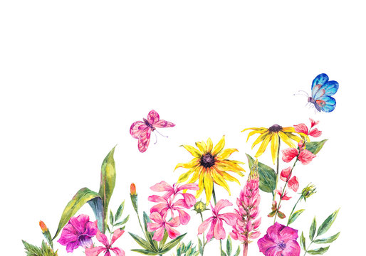 Watercolor summer greeting card with wildflowers