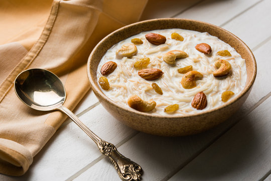 Most famous Indian sweet pudding Kheer or semiya khir in a bowl.Selective focus