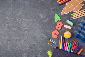 Back to school background with school supplies.View from above. Flat lay