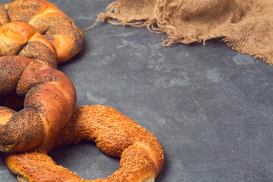 Bakery background with varity of bagels over blackboard