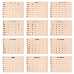 Simple calendar 2018 year vertical - week starts with Sunday