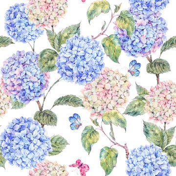 Summer seamless pattern with watercolor hydrangeas