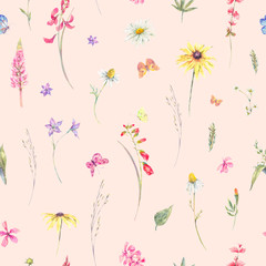 Watercolor seamless pattern with wildflowers