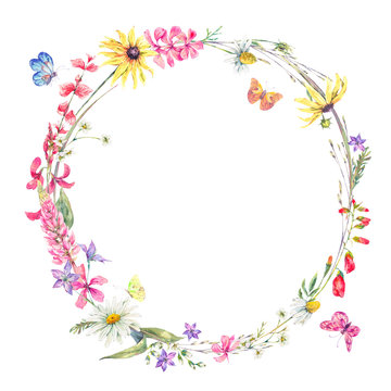 Watercolor round frame with wildflowers