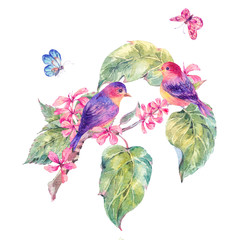 Watercolor pink flowers, leaves, twigs and birds