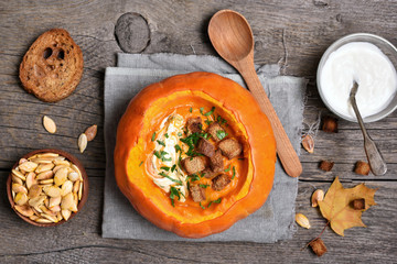 Dinner with pumpkin cream soup