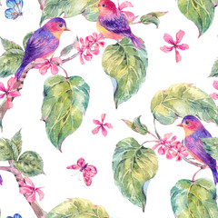 Summer seamless pattern with twigs and birds