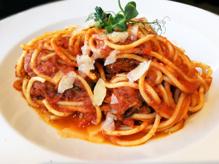 tasty pasta Italian meat sauce pasta on the table