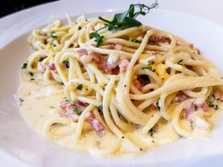tasty Carbonara pasta on the table