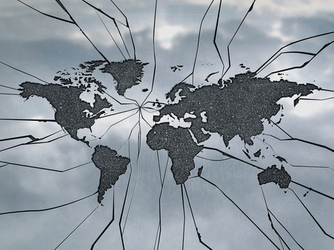 World map shaped crack on the glass surface. Crisis concept.
