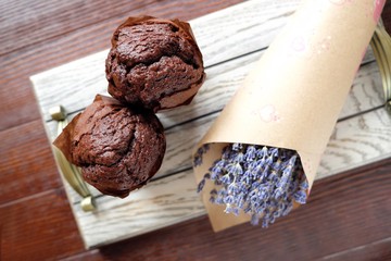 Beautiful bouquet of lavender and muffins for Breakfast 
