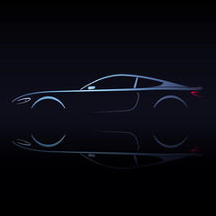 Design car coupe with reflection on black background. 