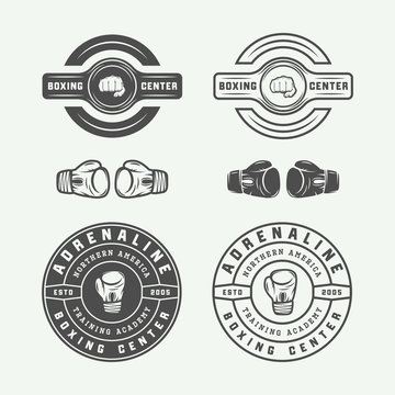 Boxing and martial arts logo badges and labels in vintage style. Vector illustration. Graphic Art.