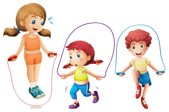 Three Kids Jumping Rope On White Background