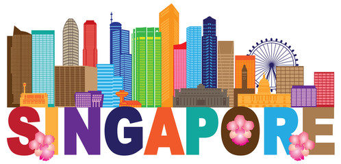 Fototapeta premium Singapore City Skyline Text Color Illustration