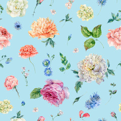 Watercolor seamless pattern with blooming peonies, roses