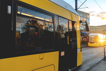 Yellow tram on the streets of Berlin
