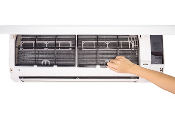 Air conditioner and cleaning work isolated on white background.