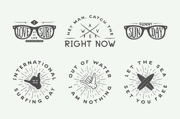 Set of vintage surfing logos, posters, prints, slogans in retro style. Vector Illustration