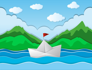 Paper boat floating along river