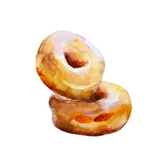 The donuts with glaze isolated on white background, watercolor illustration set in hand drawn style.