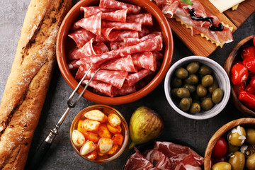 spanish tapas and sangria on wooden table - mediterran antipasti