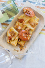 paccheri with seafood sauce and king prawns