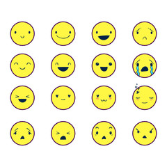 Yellow emoticons with different emotions, vector set of various hand-drawn cute expressions, EPS 8