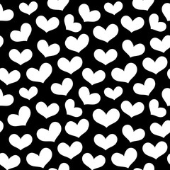 Seamless pattern of white hearts on black background, hand-drawn cute hearts, hearts vector background, EPS 8