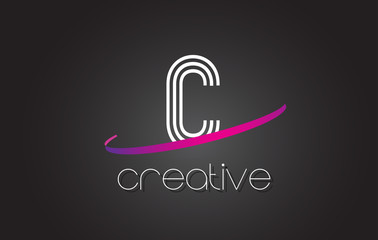 Fototapeta na wymiar C Letter Logo with Lines Design And Purple Swoosh.