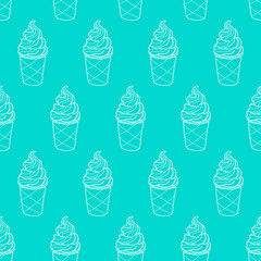 Seamless doodle ice cream cup pattern, hand-drawn turquoise background, ice-cream vector background, EPS 8