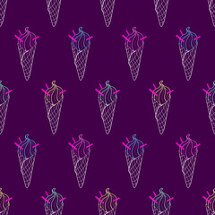 Seamless linear ice cream cone pattern, hand-drawn colorful summer food vector, doodle ice-cream background, for cards, invitations, food design, EPS 8
