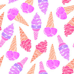Seamless colorful ice cream cone pattern, hand-drawn summer background, ice-cream vector, EPS 8