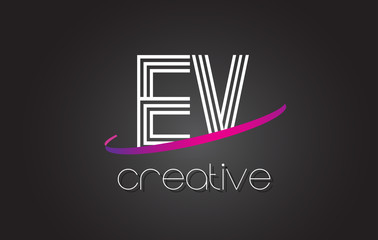 EV E V Letter Logo with Lines Design And Purple Swoosh.
