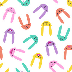 Bright color seamless pattern with cute Easter bunny faces with happy and lovely emotions, hand-drawn rabbits with various expressions, EPS 10