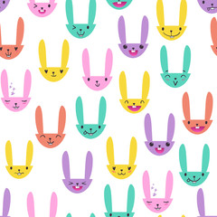 Bright color seamless pattern with cute Easter bunny faces with happy and lovely emotions, hand-drawn rabbits with various expressions, EPS 10