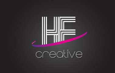 HE H E Letter Logo with Lines Design And Purple Swoosh.