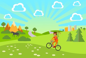 Naklejka premium Мальчик на велосипеде. Лето. Природа. Отдых за городом.