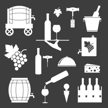 Set of wine related icons on black background.