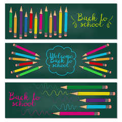 Set of three horizontal banners with multicolored pencils.