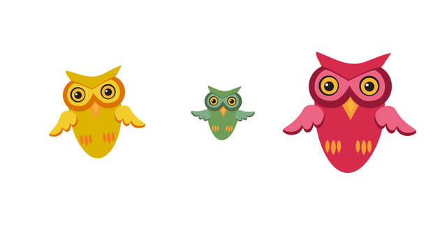 Three owls. Cute birds in cartoon style with flat design.